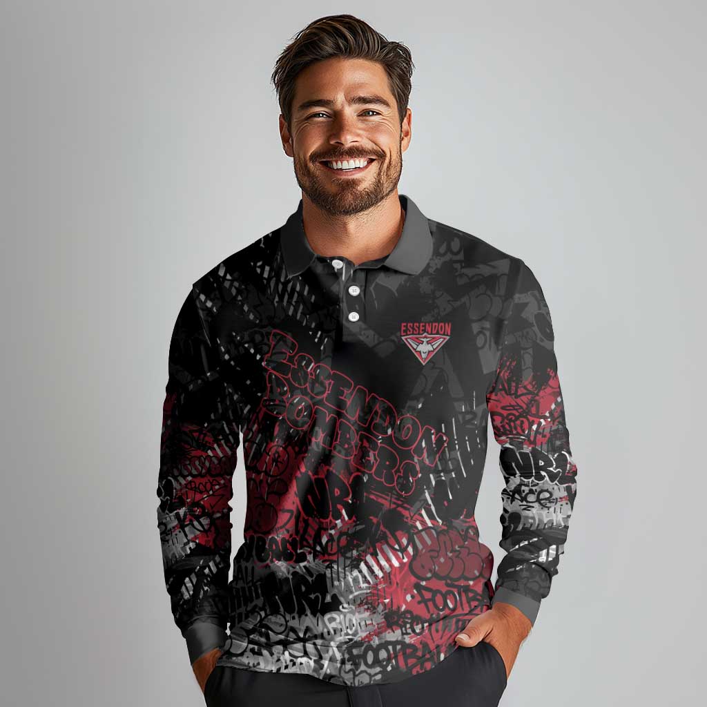 Essendon Bombers Long Sleeve Polo Shirt Urban Graffiti Street Art - Bold Abstract Spray Paint