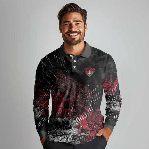 Essendon Bombers Long Sleeve Polo Shirt Urban Graffiti Street Art - Bold Abstract Spray Paint