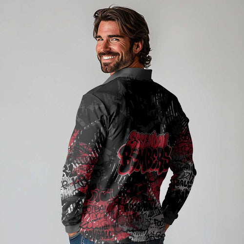Essendon Bombers Long Sleeve Polo Shirt Urban Graffiti Street Art - Bold Abstract Spray Paint