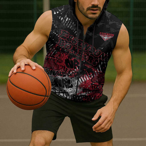 Essendon Bombers Sleeveless Zip Hoodie Urban Graffiti Street Art - Bold Abstract Spray Paint