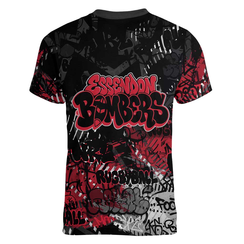 Essendon Bombers Women V-Neck T-Shirt Urban Graffiti Street Art - Bold Abstract Spray Paint