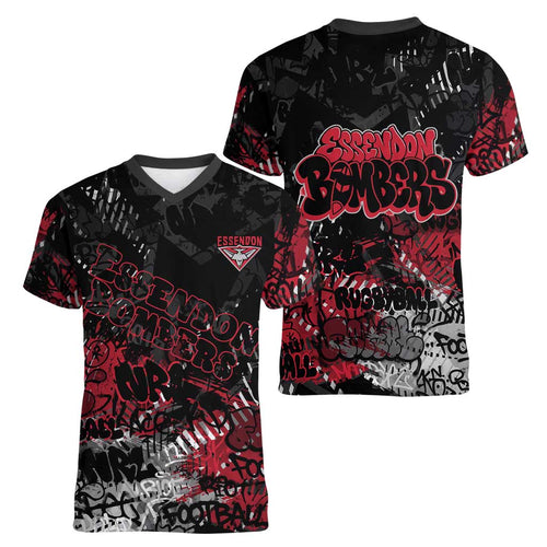 Essendon Bombers Women V-Neck T-Shirt Urban Graffiti Street Art - Bold Abstract Spray Paint