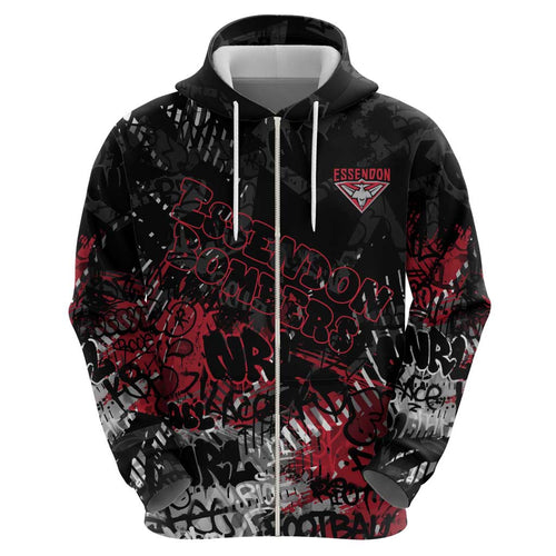 Essendon Bombers Zip Hoodie Urban Graffiti Street Art - Bold Abstract Spray Paint