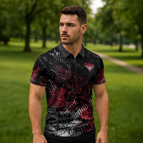 Essendon Bombers Zipper Polo Shirt Urban Graffiti Street Art - Bold Abstract Spray Paint