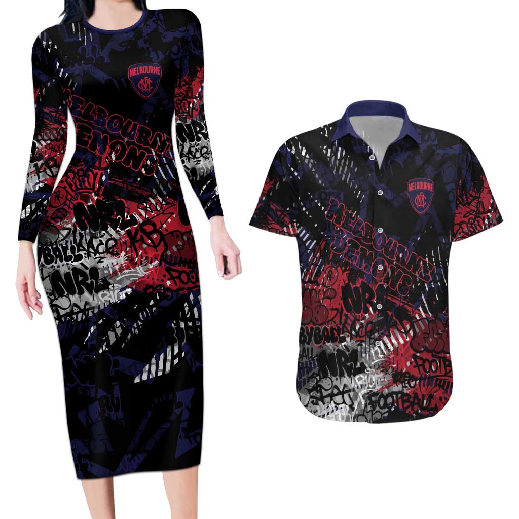 Melbourne Demons Couples Matching Long Sleeve Bodycon Dress and Hawaiian Shirt Urban Graffiti Street Art - Bold Abstract Spray Paint