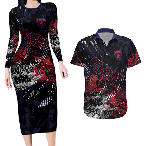 Melbourne Demons Couples Matching Long Sleeve Bodycon Dress and Hawaiian Shirt Urban Graffiti Street Art - Bold Abstract Spray Paint