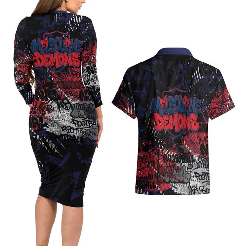 Melbourne Demons Couples Matching Long Sleeve Bodycon Dress and Hawaiian Shirt Urban Graffiti Street Art - Bold Abstract Spray Paint