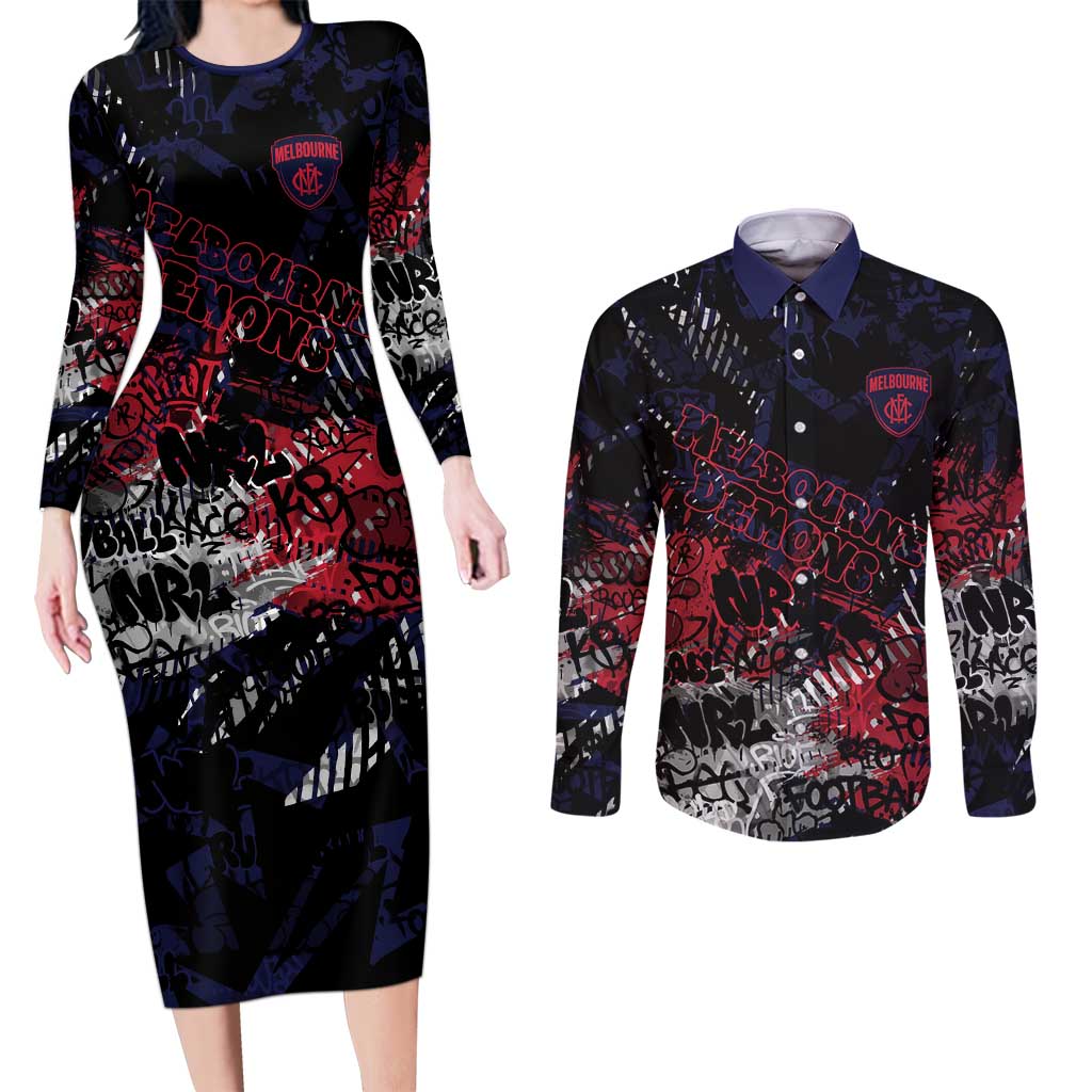 Melbourne Demons Couples Matching Long Sleeve Bodycon Dress and Long Sleeve Button Shirt Urban Graffiti Street Art - Bold Abstract Spray Paint