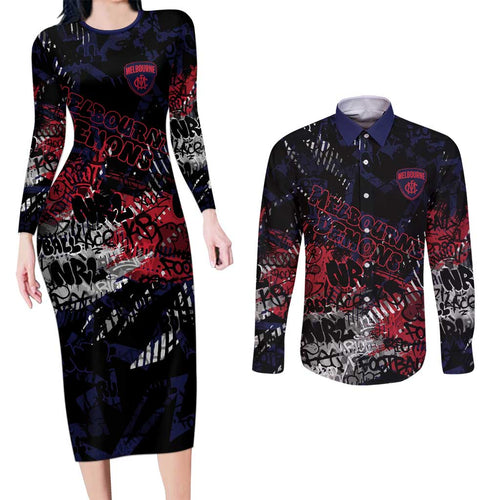 Melbourne Demons Couples Matching Long Sleeve Bodycon Dress and Long Sleeve Button Shirt Urban Graffiti Street Art - Bold Abstract Spray Paint