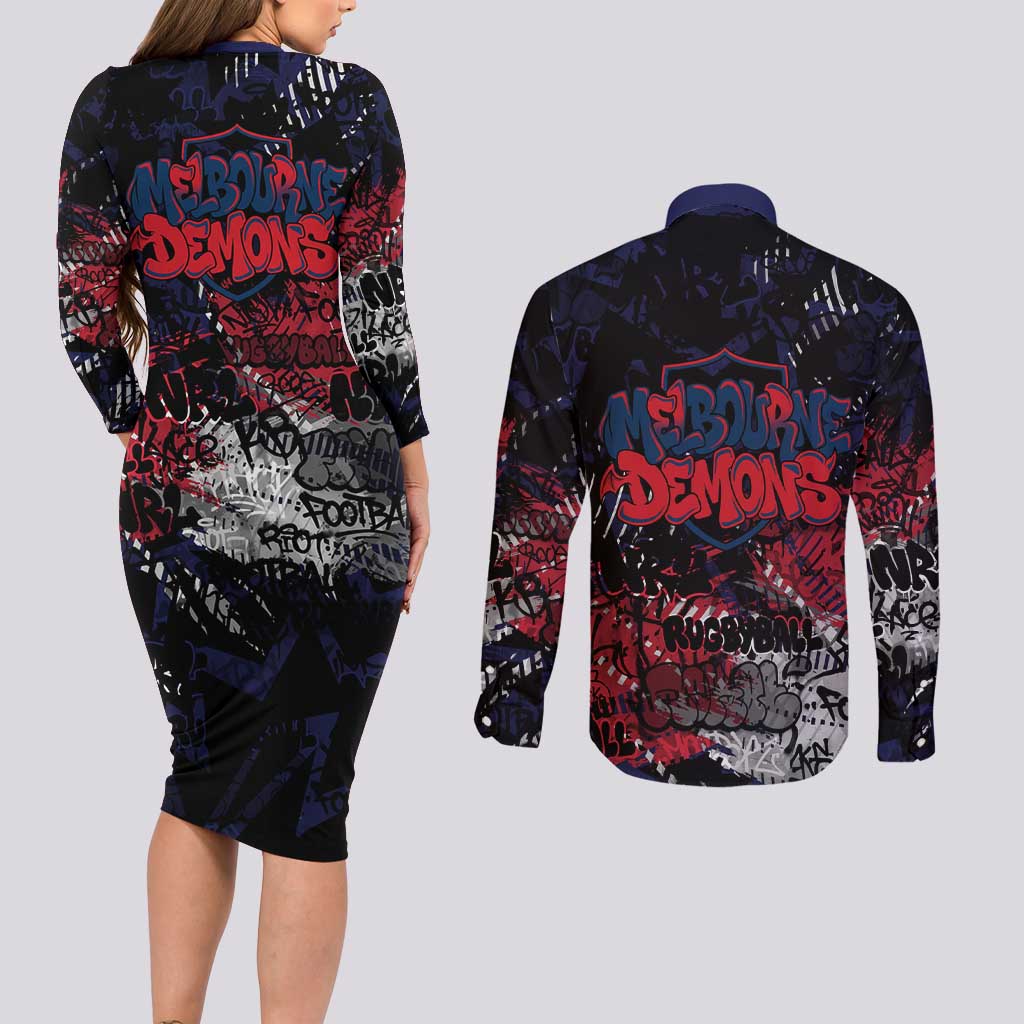 Melbourne Demons Couples Matching Long Sleeve Bodycon Dress and Long Sleeve Button Shirt Urban Graffiti Street Art - Bold Abstract Spray Paint