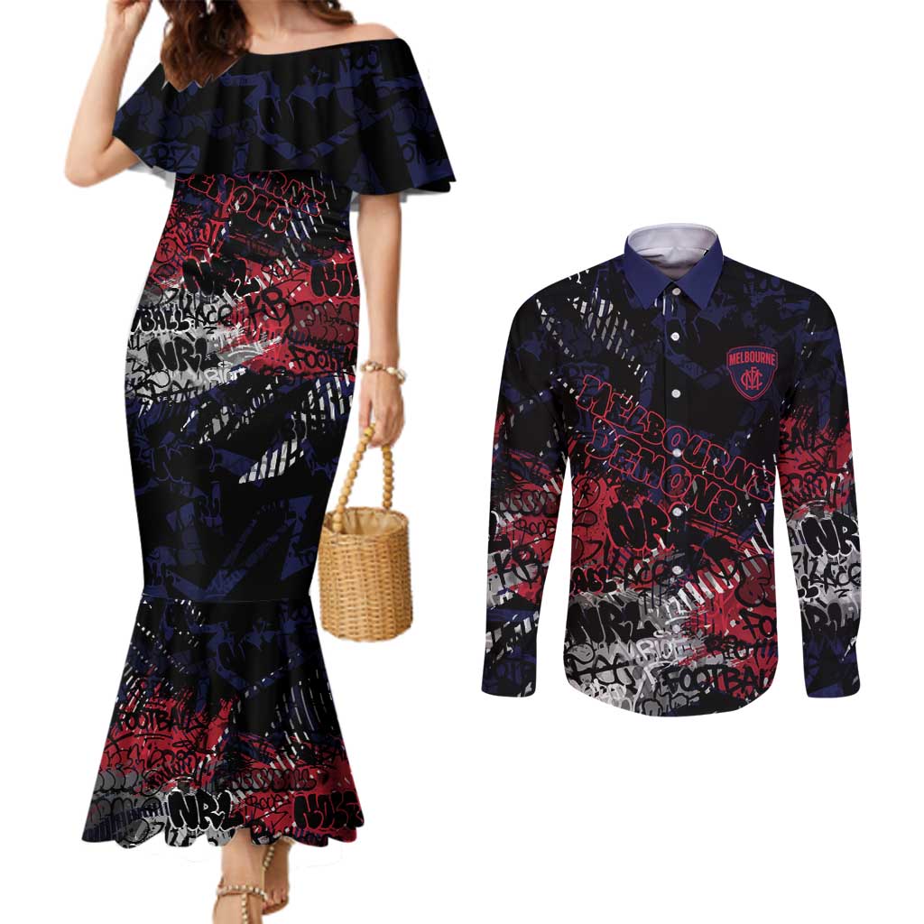 Melbourne Demons Couples Matching Mermaid Dress and Long Sleeve Button Shirt Urban Graffiti Street Art - Bold Abstract Spray Paint