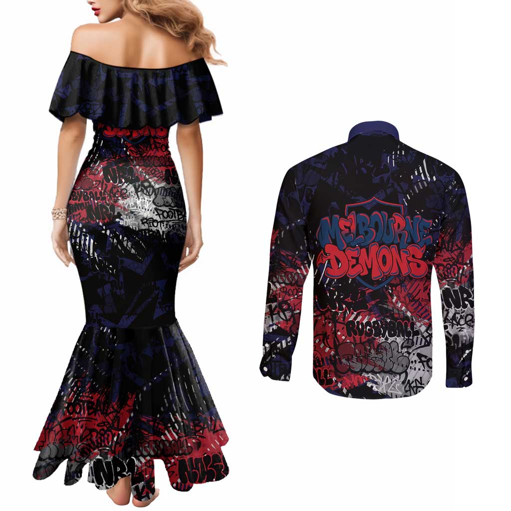 Melbourne Demons Couples Matching Mermaid Dress and Long Sleeve Button Shirt Urban Graffiti Street Art - Bold Abstract Spray Paint