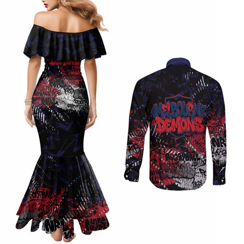 Melbourne Demons Couples Matching Mermaid Dress and Long Sleeve Button Shirt Urban Graffiti Street Art - Bold Abstract Spray Paint