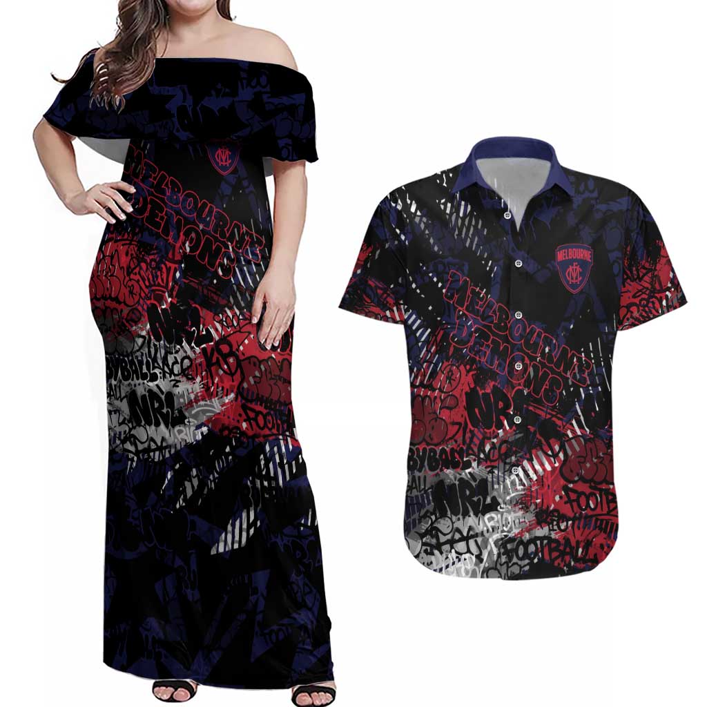 Melbourne Demons Couples Matching Off Shoulder Maxi Dress and Hawaiian Shirt Urban Graffiti Street Art - Bold Abstract Spray Paint