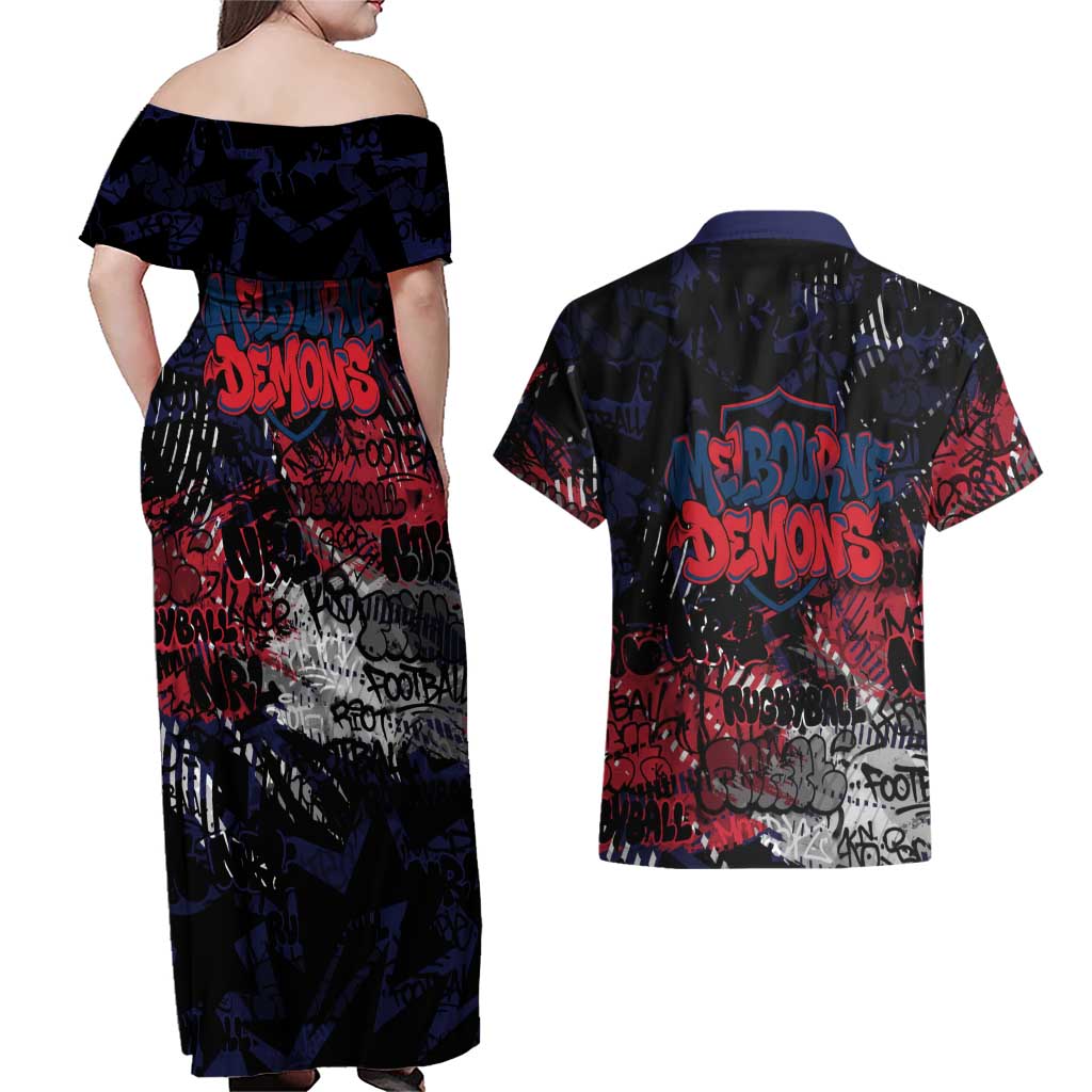 Melbourne Demons Couples Matching Off Shoulder Maxi Dress and Hawaiian Shirt Urban Graffiti Street Art - Bold Abstract Spray Paint
