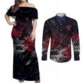 Melbourne Demons Couples Matching Off Shoulder Maxi Dress and Long Sleeve Button Shirt Urban Graffiti Street Art - Bold Abstract Spray Paint