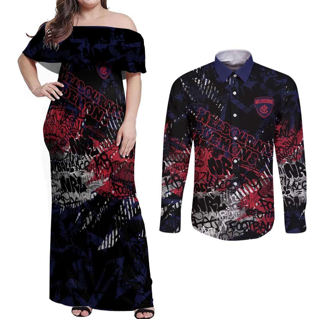Melbourne Demons Couples Matching Off Shoulder Maxi Dress and Long Sleeve Button Shirt Urban Graffiti Street Art - Bold Abstract Spray Paint