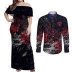 Melbourne Demons Couples Matching Off Shoulder Maxi Dress and Long Sleeve Button Shirt Urban Graffiti Street Art - Bold Abstract Spray Paint