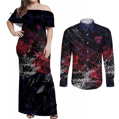 Melbourne Demons Couples Matching Off Shoulder Maxi Dress and Long Sleeve Button Shirt Urban Graffiti Street Art - Bold Abstract Spray Paint