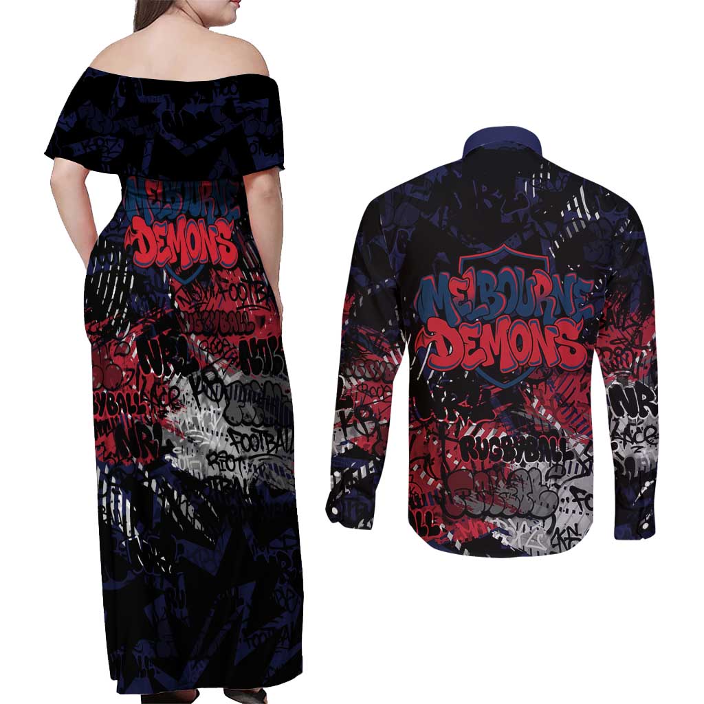 Melbourne Demons Couples Matching Off Shoulder Maxi Dress and Long Sleeve Button Shirt Urban Graffiti Street Art - Bold Abstract Spray Paint
