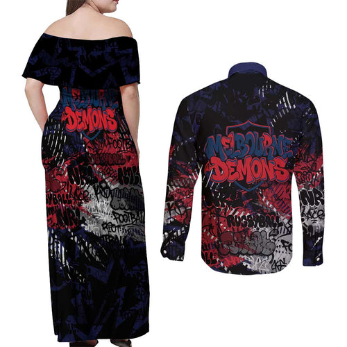 Melbourne Demons Couples Matching Off Shoulder Maxi Dress and Long Sleeve Button Shirt Urban Graffiti Street Art - Bold Abstract Spray Paint