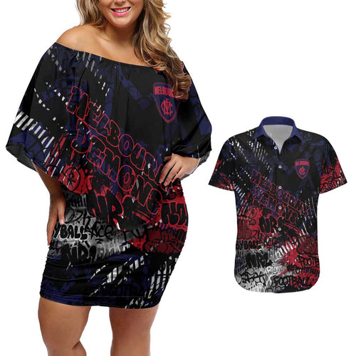 Melbourne Demons Couples Matching Off Shoulder Short Dress and Hawaiian Shirt Urban Graffiti Street Art - Bold Abstract Spray Paint