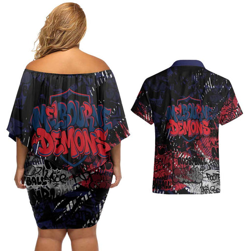 Melbourne Demons Couples Matching Off Shoulder Short Dress and Hawaiian Shirt Urban Graffiti Street Art - Bold Abstract Spray Paint