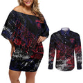 Melbourne Demons Couples Matching Off Shoulder Short Dress and Long Sleeve Button Shirt Urban Graffiti Street Art - Bold Abstract Spray Paint