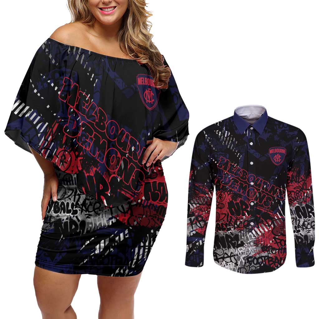 Melbourne Demons Couples Matching Off Shoulder Short Dress and Long Sleeve Button Shirt Urban Graffiti Street Art - Bold Abstract Spray Paint