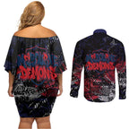 Melbourne Demons Couples Matching Off Shoulder Short Dress and Long Sleeve Button Shirt Urban Graffiti Street Art - Bold Abstract Spray Paint