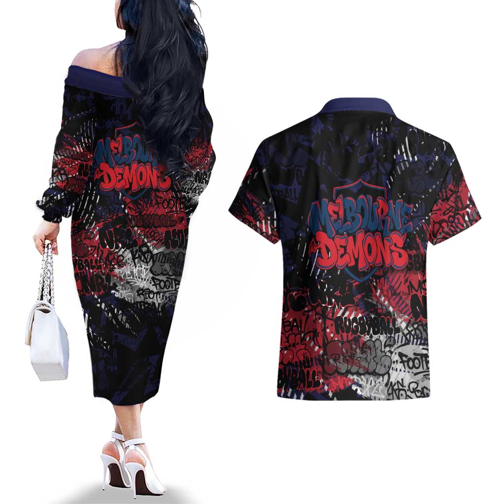 Melbourne Demons Couples Matching Off The Shoulder Long Sleeve Dress and Hawaiian Shirt Urban Graffiti Street Art - Bold Abstract Spray Paint