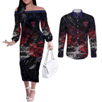 Melbourne Demons Couples Matching Off The Shoulder Long Sleeve Dress and Long Sleeve Button Shirt Urban Graffiti Street Art - Bold Abstract Spray Paint