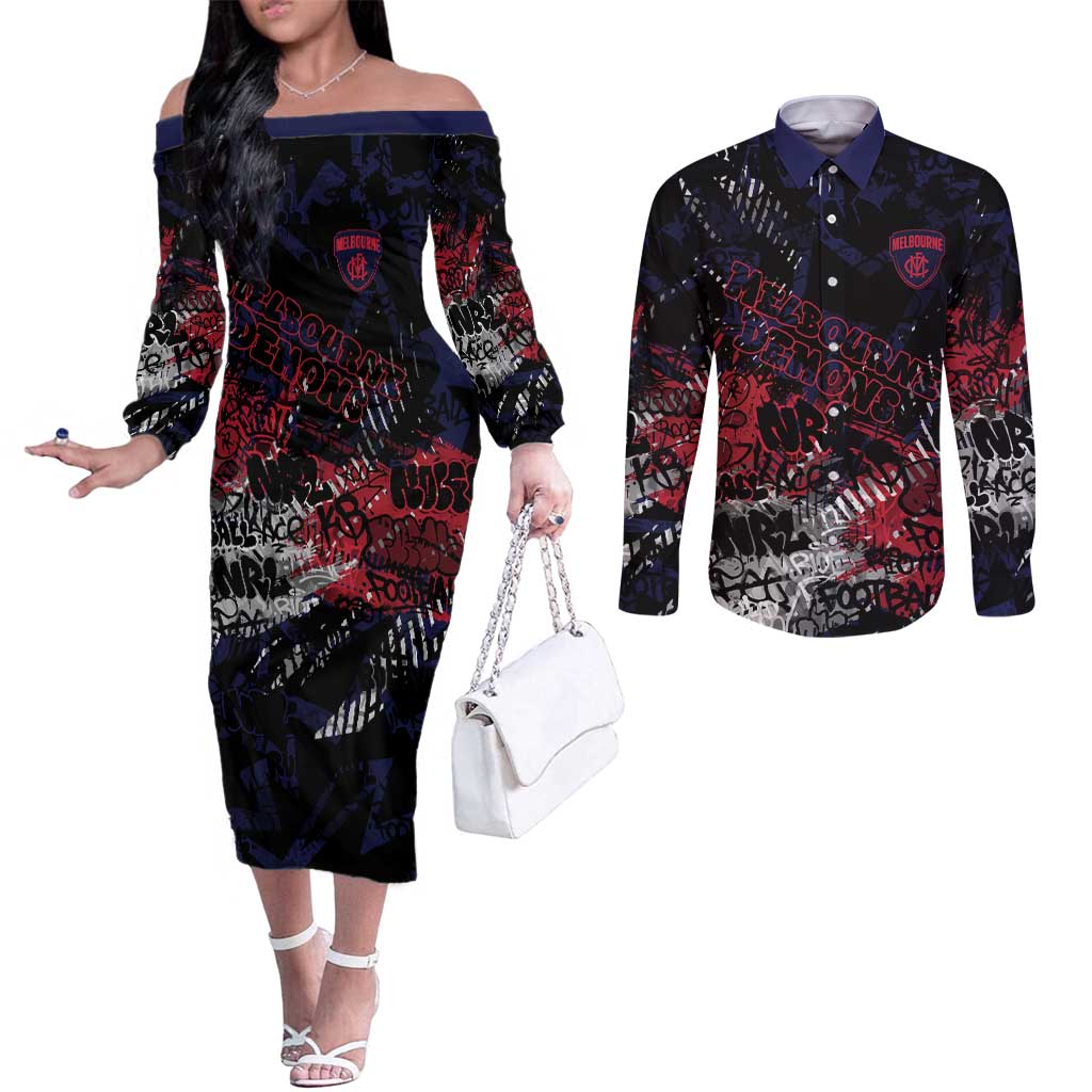 Melbourne Demons Couples Matching Off The Shoulder Long Sleeve Dress and Long Sleeve Button Shirt Urban Graffiti Street Art - Bold Abstract Spray Paint