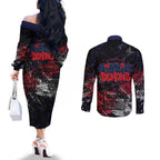 Melbourne Demons Couples Matching Off The Shoulder Long Sleeve Dress and Long Sleeve Button Shirt Urban Graffiti Street Art - Bold Abstract Spray Paint