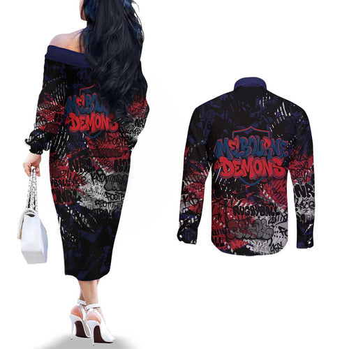 Melbourne Demons Couples Matching Off The Shoulder Long Sleeve Dress and Long Sleeve Button Shirt Urban Graffiti Street Art - Bold Abstract Spray Paint