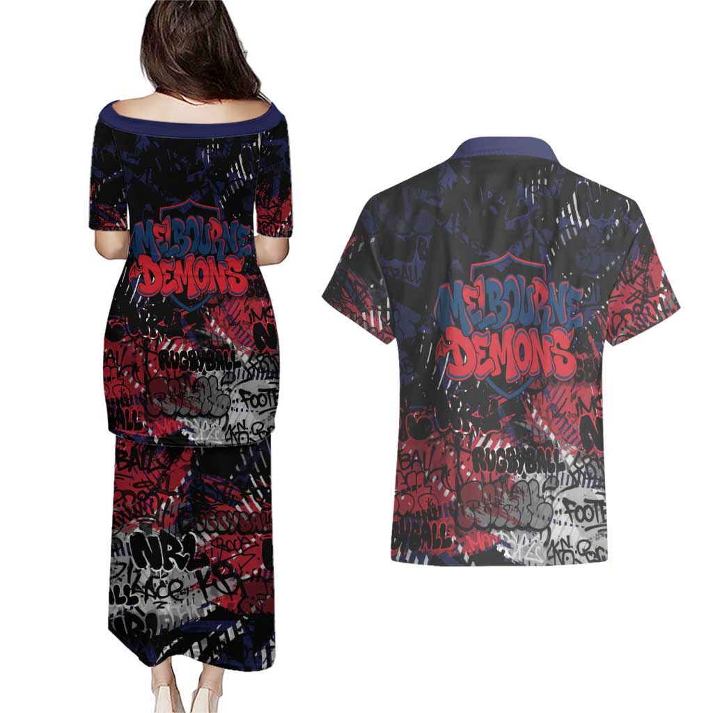 Melbourne Demons Couples Matching Puletasi and Hawaiian Shirt Urban Graffiti Street Art - Bold Abstract Spray Paint