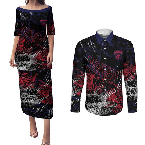 Melbourne Demons Couples Matching Puletasi and Long Sleeve Button Shirt Urban Graffiti Street Art - Bold Abstract Spray Paint