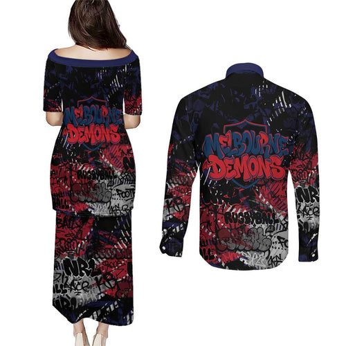Melbourne Demons Couples Matching Puletasi and Long Sleeve Button Shirt Urban Graffiti Street Art - Bold Abstract Spray Paint