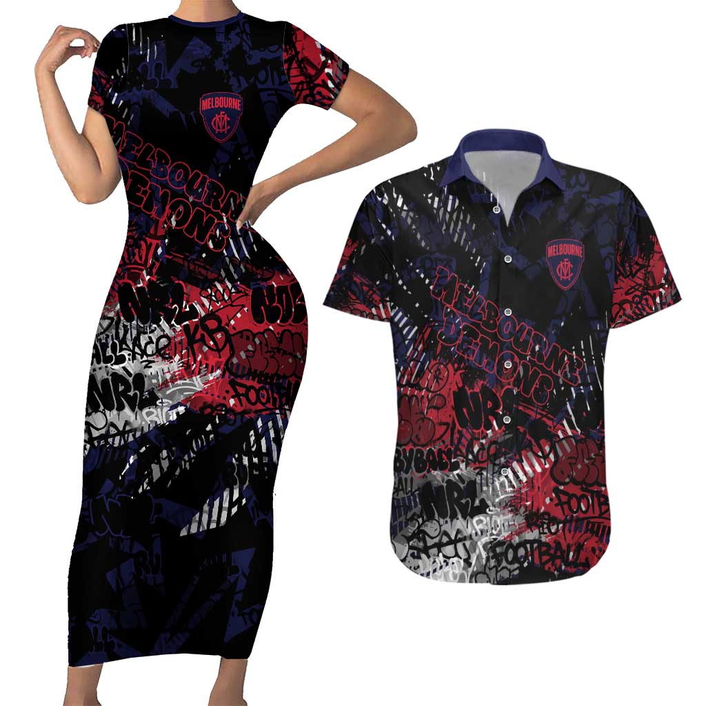 Melbourne Demons Couples Matching Short Sleeve Bodycon Dress and Hawaiian Shirt Urban Graffiti Street Art - Bold Abstract Spray Paint