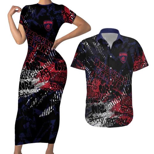 Melbourne Demons Couples Matching Short Sleeve Bodycon Dress and Hawaiian Shirt Urban Graffiti Street Art - Bold Abstract Spray Paint