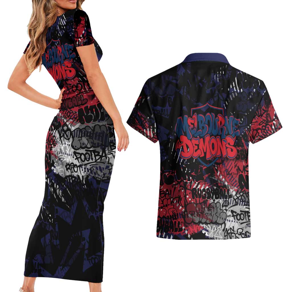 Melbourne Demons Couples Matching Short Sleeve Bodycon Dress and Hawaiian Shirt Urban Graffiti Street Art - Bold Abstract Spray Paint