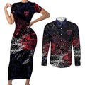 Melbourne Demons Couples Matching Short Sleeve Bodycon Dress and Long Sleeve Button Shirt Urban Graffiti Street Art - Bold Abstract Spray Paint