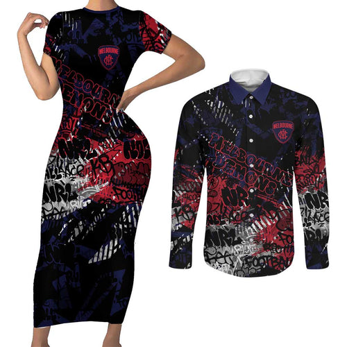 Melbourne Demons Couples Matching Short Sleeve Bodycon Dress and Long Sleeve Button Shirt Urban Graffiti Street Art - Bold Abstract Spray Paint