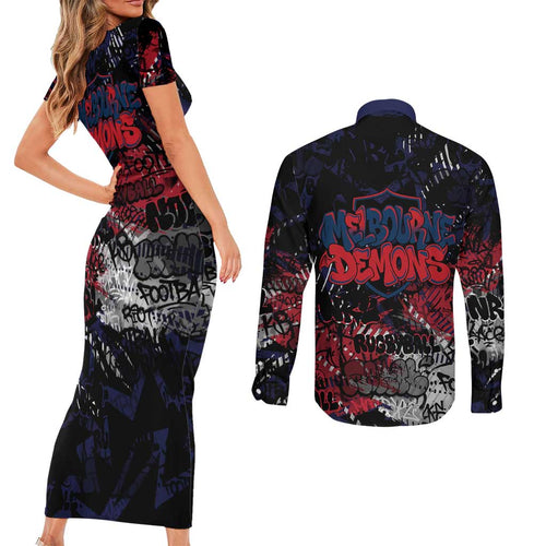 Melbourne Demons Couples Matching Short Sleeve Bodycon Dress and Long Sleeve Button Shirt Urban Graffiti Street Art - Bold Abstract Spray Paint