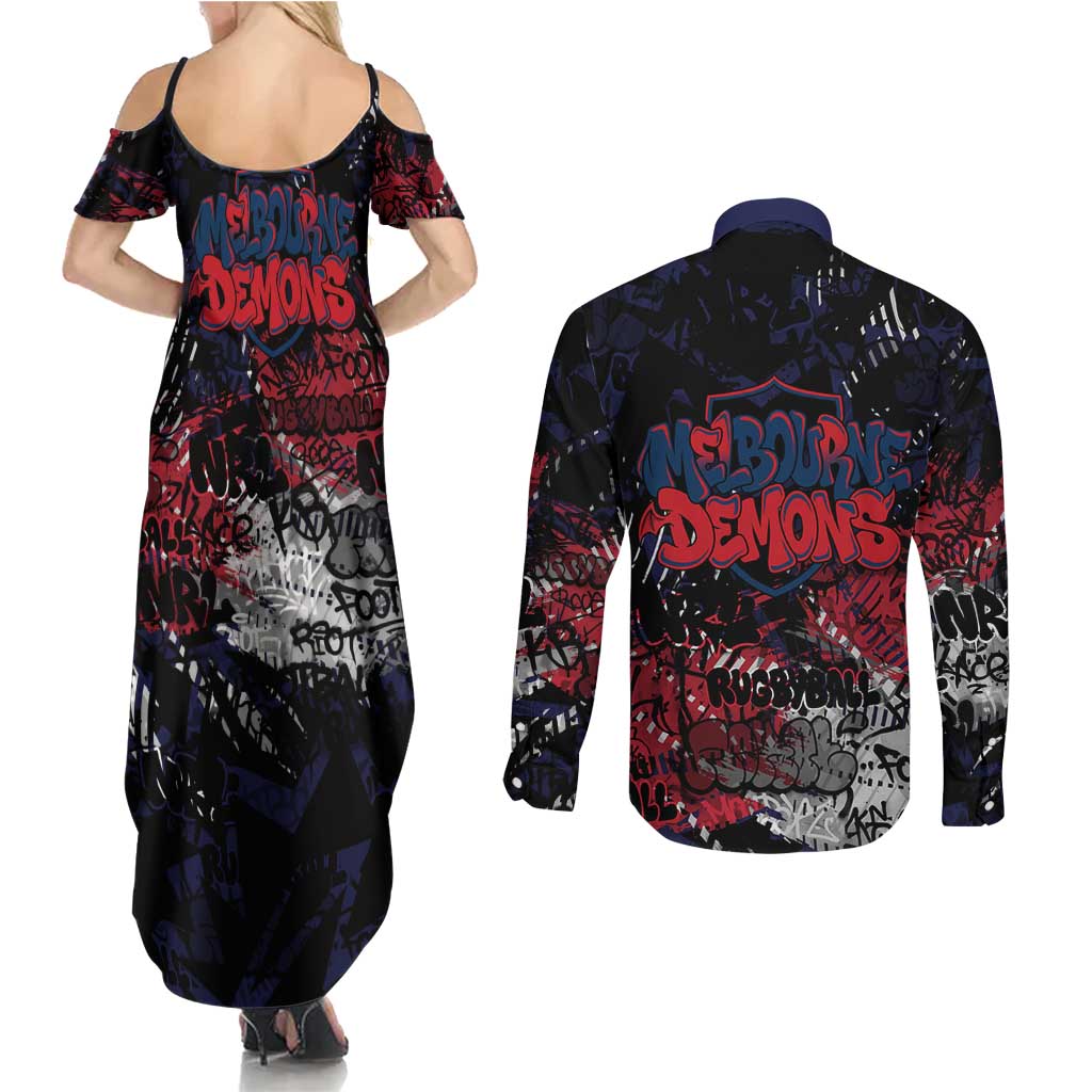 Melbourne Demons Couples Matching Summer Maxi Dress and Long Sleeve Button Shirt Urban Graffiti Street Art - Bold Abstract Spray Paint