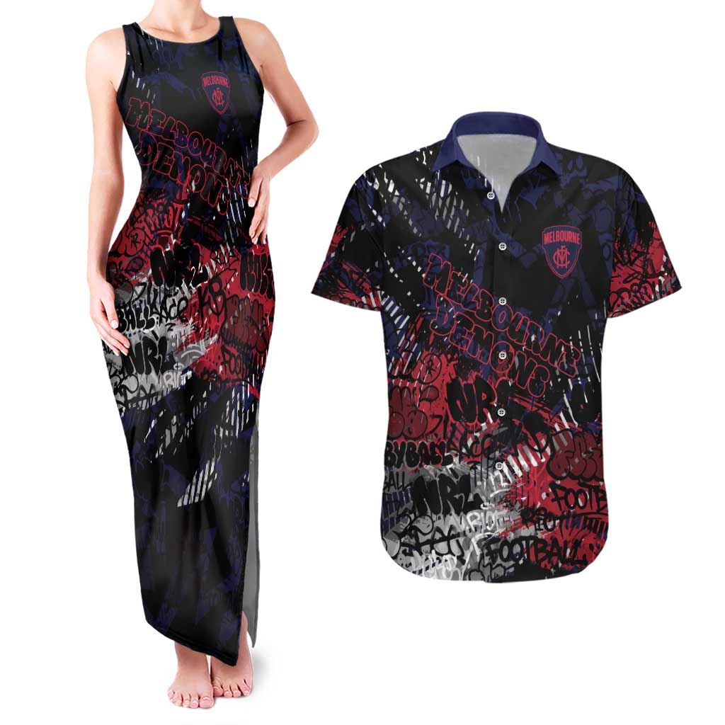Melbourne Demons Couples Matching Tank Maxi Dress and Hawaiian Shirt Urban Graffiti Street Art - Bold Abstract Spray Paint