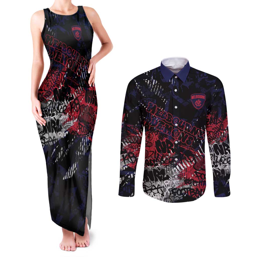 Melbourne Demons Couples Matching Tank Maxi Dress and Long Sleeve Button Shirt Urban Graffiti Street Art - Bold Abstract Spray Paint