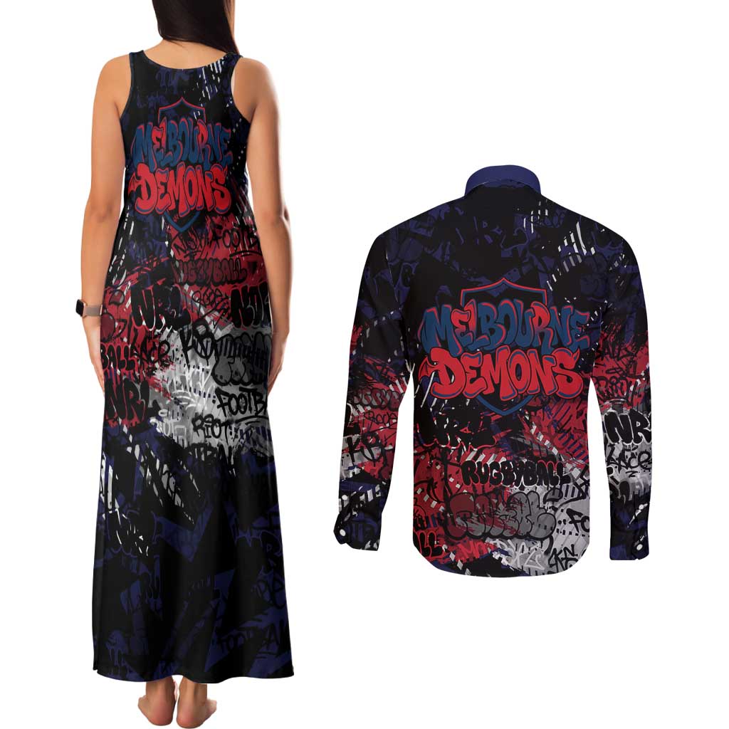 Melbourne Demons Couples Matching Tank Maxi Dress and Long Sleeve Button Shirt Urban Graffiti Street Art - Bold Abstract Spray Paint