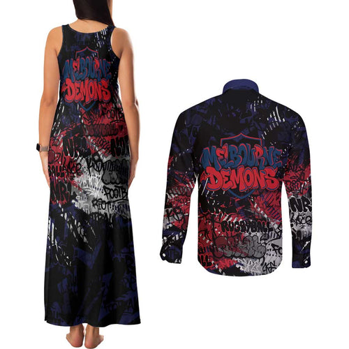 Melbourne Demons Couples Matching Tank Maxi Dress and Long Sleeve Button Shirt Urban Graffiti Street Art - Bold Abstract Spray Paint