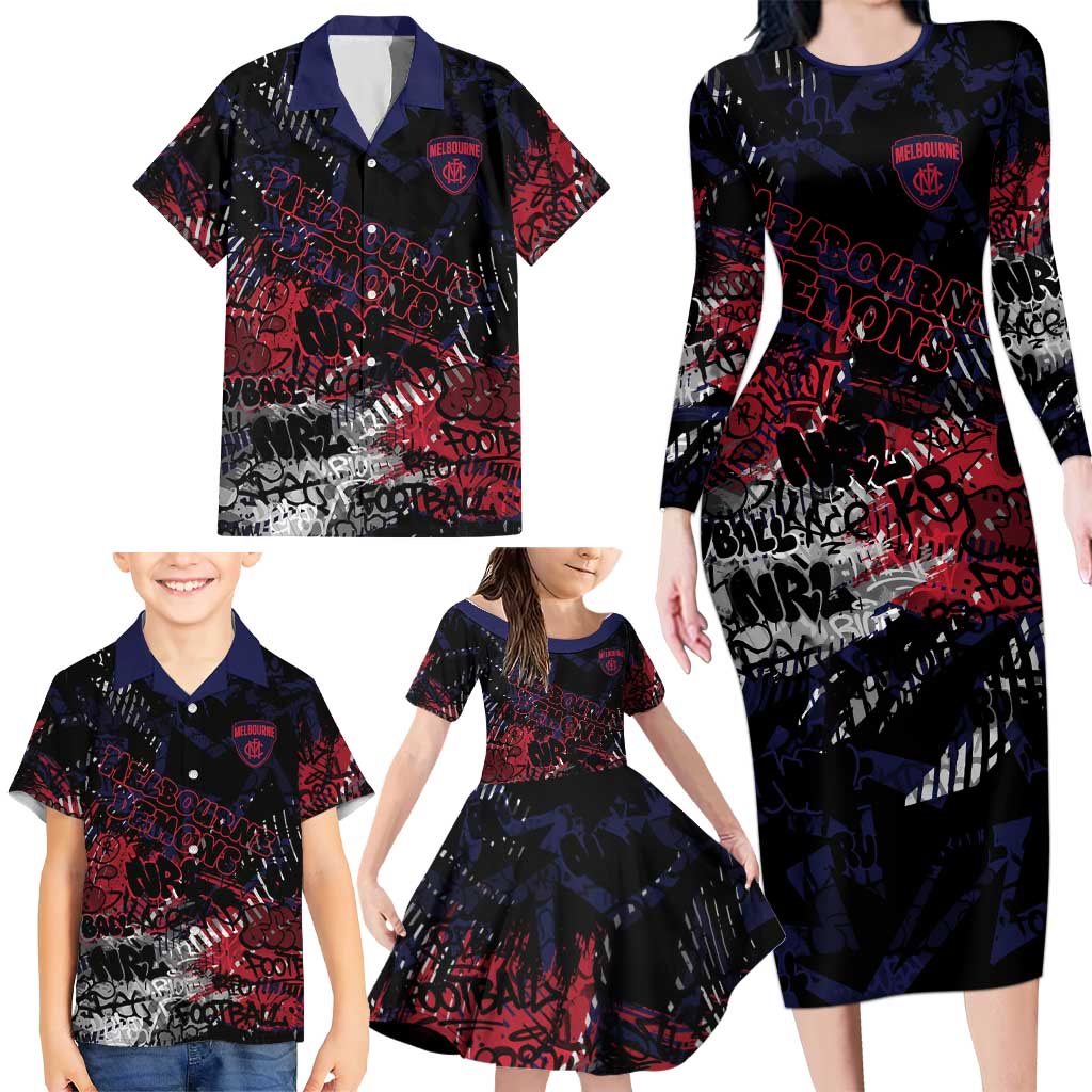 Melbourne Demons Family Matching Long Sleeve Bodycon Dress and Hawaiian Shirt Urban Graffiti Street Art - Bold Abstract Spray Paint